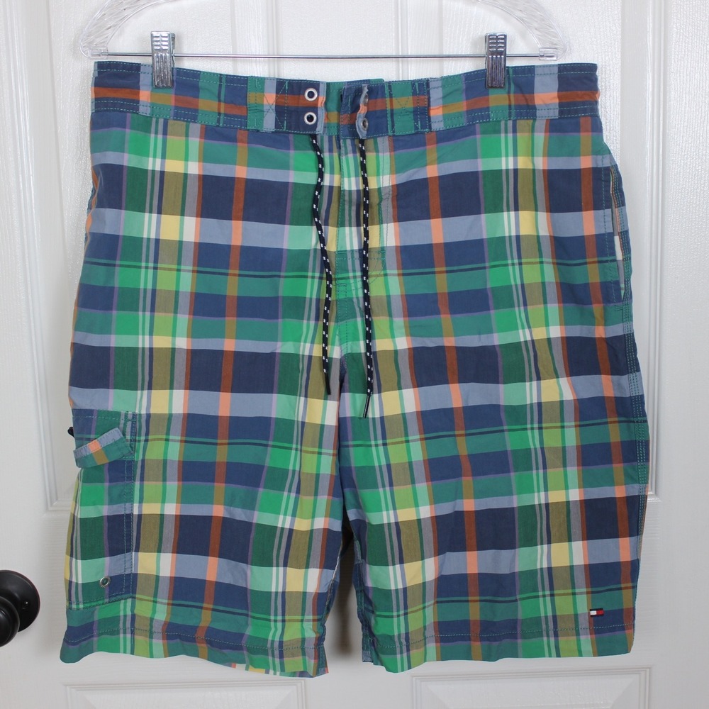 Tommy Hilfiger Plaid Swim Trunks Shorts Blue Green Mens L